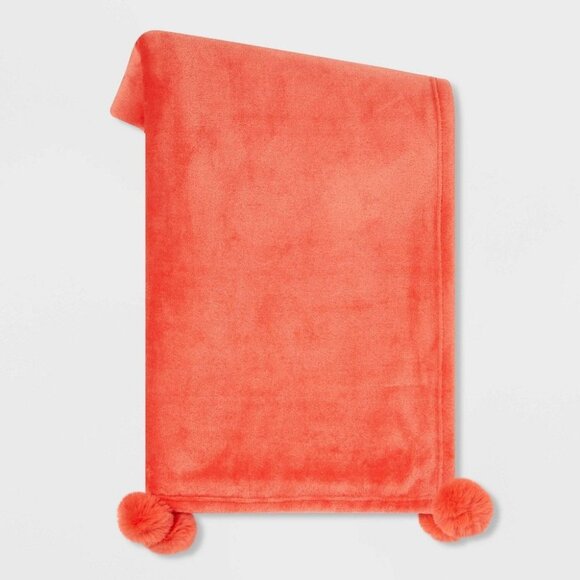 Plush Throw Blanket with Faux Fur Pom-Poms Red - Picture 1 of 3